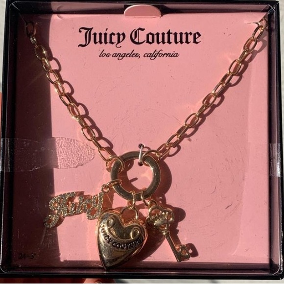 Juicy Couture goldtone puff heart key juicy crystal charm toggle necklaceNIB NWT - Picture 6 of 8